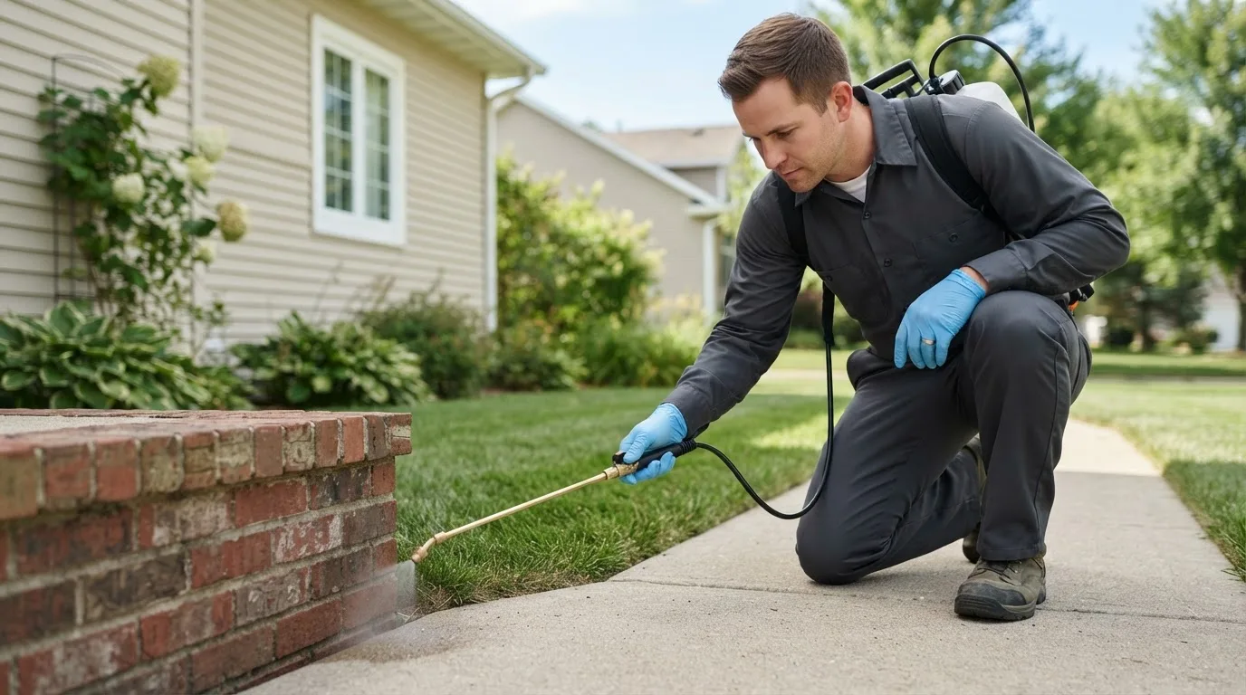 Pest control technician treating a home near Estelline, SD